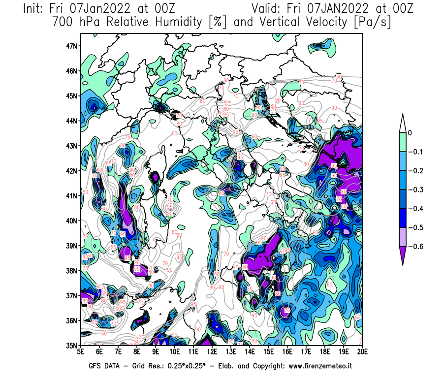 Mappa di analisi GFS - Umidità relativa [%] e Omega [Pa/s] a 700 hPa in Italia
							del 07/01/2022 00 <!--googleoff: index-->UTC<!--googleon: index-->