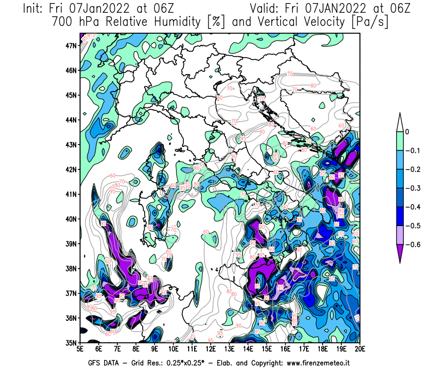 Mappa di analisi GFS - Umidità relativa [%] e Omega [Pa/s] a 700 hPa in Italia
							del 07/01/2022 06 <!--googleoff: index-->UTC<!--googleon: index-->