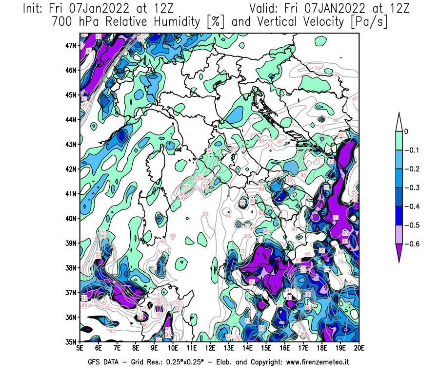 Mappa di analisi GFS - Umidità relativa [%] e Omega [Pa/s] a 700 hPa in Italia
							del 07/01/2022 12 <!--googleoff: index-->UTC<!--googleon: index-->