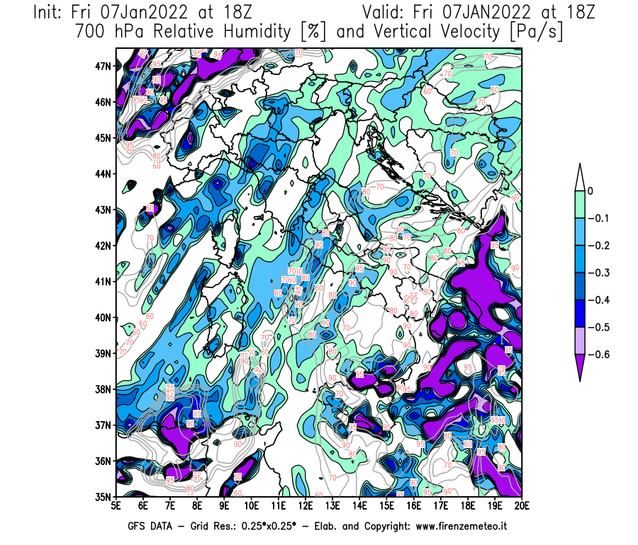 Mappa di analisi GFS - Umidità relativa [%] e Omega [Pa/s] a 700 hPa in Italia
							del 07/01/2022 18 <!--googleoff: index-->UTC<!--googleon: index-->
