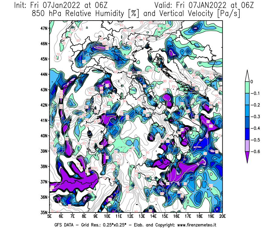Mappa di analisi GFS - Umidità relativa [%] e Omega [Pa/s] a 850 hPa in Italia
							del 07/01/2022 06 <!--googleoff: index-->UTC<!--googleon: index-->