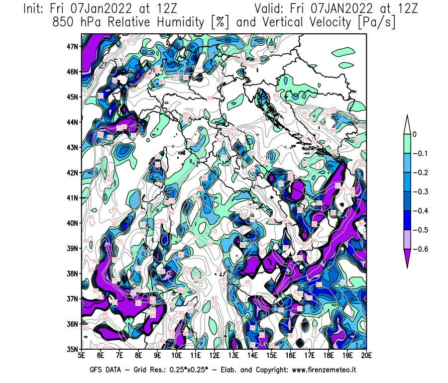 Mappa di analisi GFS - Umidità relativa [%] e Omega [Pa/s] a 850 hPa in Italia
							del 07/01/2022 12 <!--googleoff: index-->UTC<!--googleon: index-->