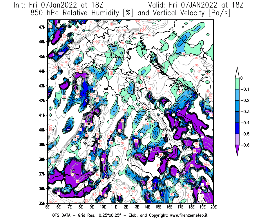 Mappa di analisi GFS - Umidità relativa [%] e Omega [Pa/s] a 850 hPa in Italia
							del 07/01/2022 18 <!--googleoff: index-->UTC<!--googleon: index-->