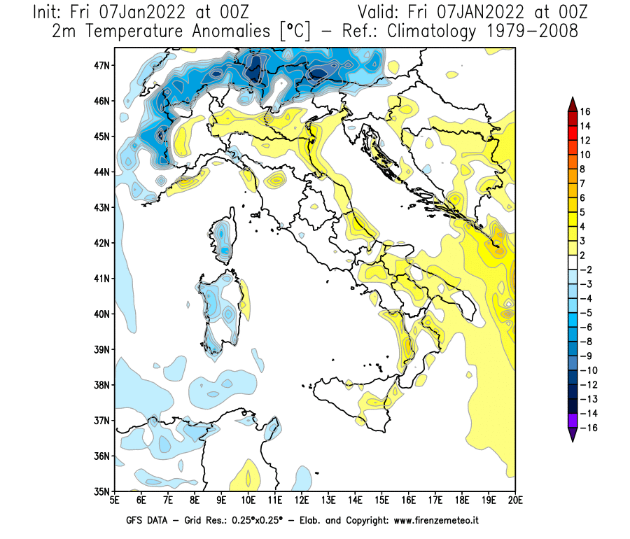 Mappa di analisi GFS - Anomalia Temperatura [°C] a 2 m in Italia
							del 07/01/2022 00 <!--googleoff: index-->UTC<!--googleon: index-->