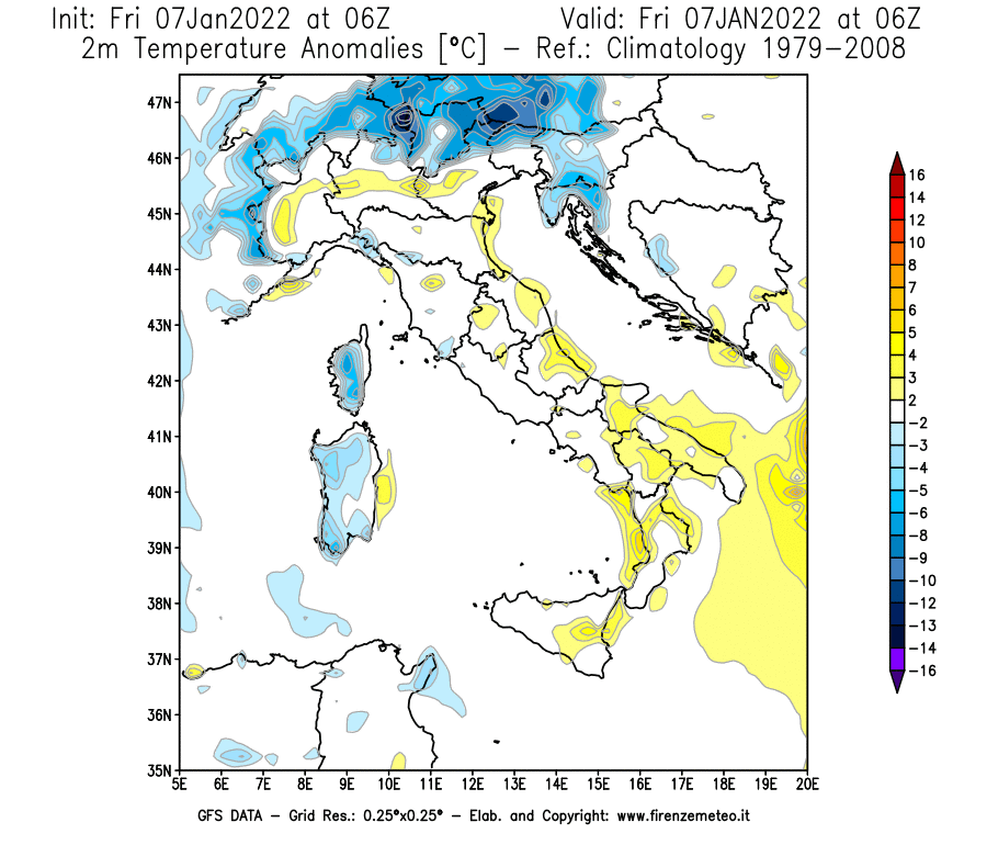Mappa di analisi GFS - Anomalia Temperatura [°C] a 2 m in Italia
							del 07/01/2022 06 <!--googleoff: index-->UTC<!--googleon: index-->