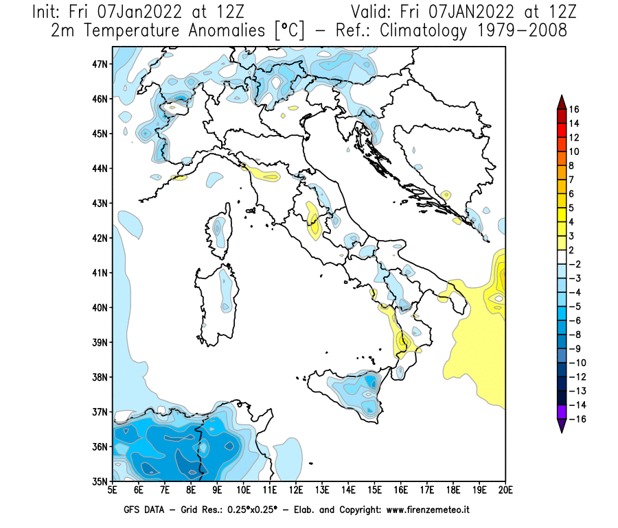 Mappa di analisi GFS - Anomalia Temperatura [°C] a 2 m in Italia
							del 07/01/2022 12 <!--googleoff: index-->UTC<!--googleon: index-->