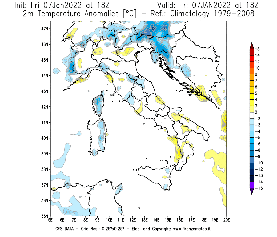 Mappa di analisi GFS - Anomalia Temperatura [°C] a 2 m in Italia
							del 07/01/2022 18 <!--googleoff: index-->UTC<!--googleon: index-->