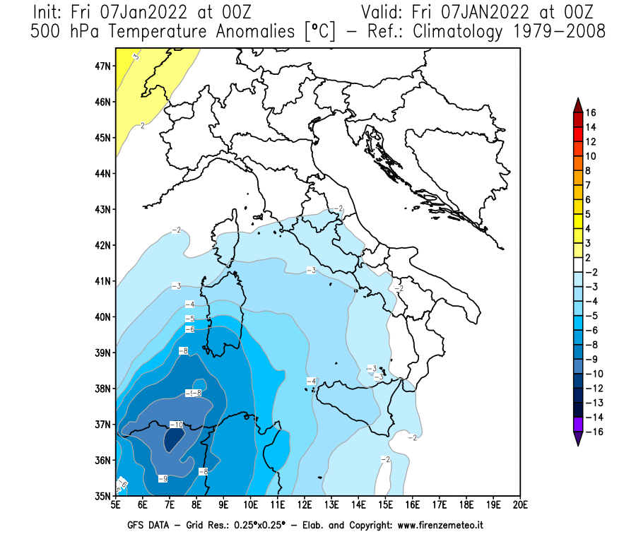 Mappa di analisi GFS - Anomalia Temperatura [°C] a 500 hPa in Italia
							del 07/01/2022 00 <!--googleoff: index-->UTC<!--googleon: index-->