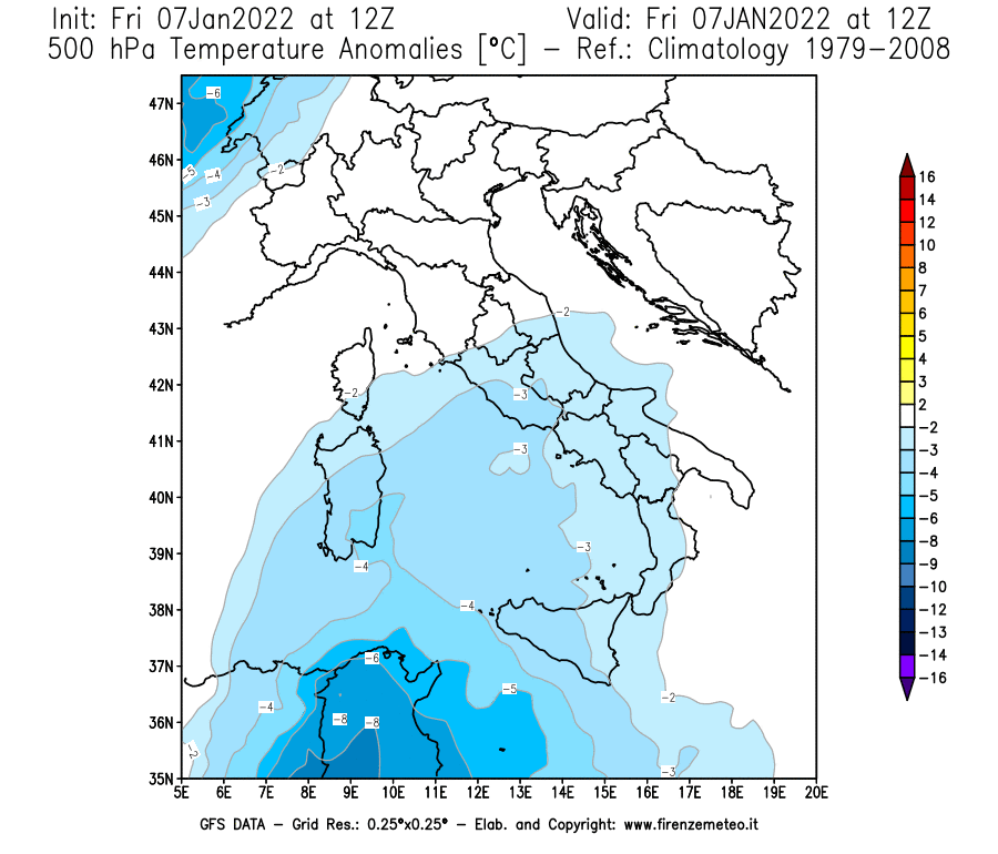 Mappa di analisi GFS - Anomalia Temperatura [°C] a 500 hPa in Italia
							del 07/01/2022 12 <!--googleoff: index-->UTC<!--googleon: index-->