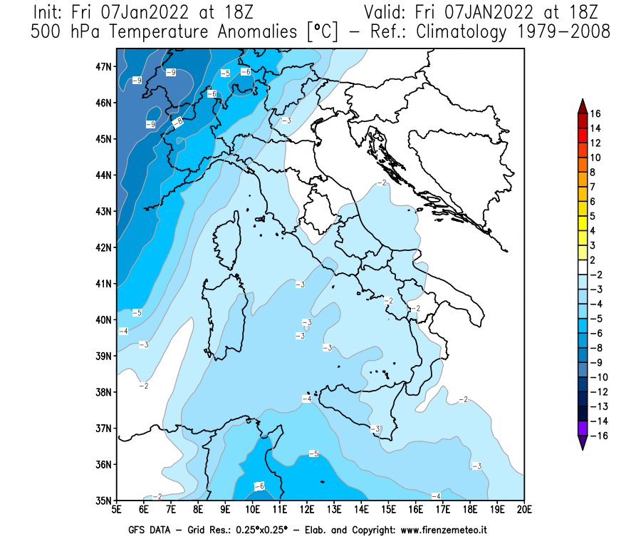 Mappa di analisi GFS - Anomalia Temperatura [°C] a 500 hPa in Italia
							del 07/01/2022 18 <!--googleoff: index-->UTC<!--googleon: index-->