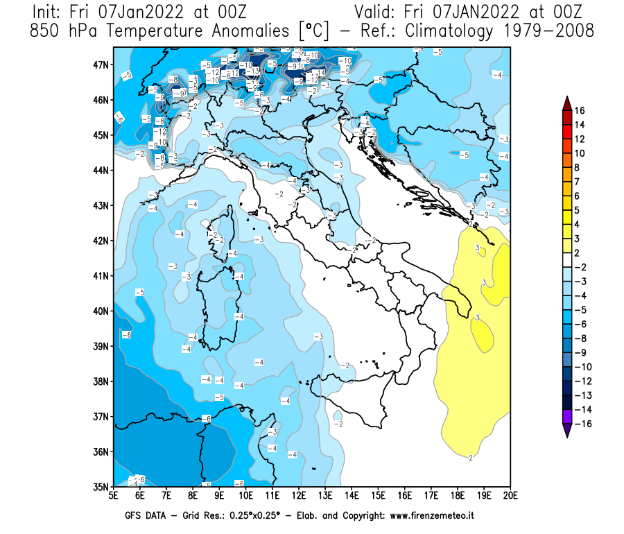 Mappa di analisi GFS - Anomalia Temperatura [°C] a 850 hPa in Italia
							del 07/01/2022 00 <!--googleoff: index-->UTC<!--googleon: index-->