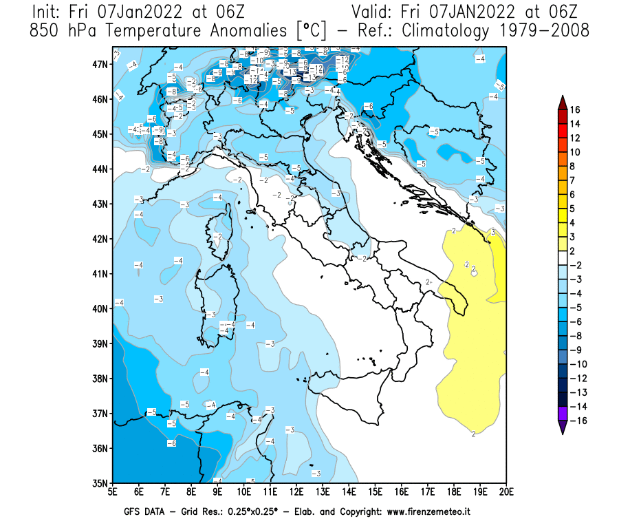 Mappa di analisi GFS - Anomalia Temperatura [°C] a 850 hPa in Italia
							del 07/01/2022 06 <!--googleoff: index-->UTC<!--googleon: index-->