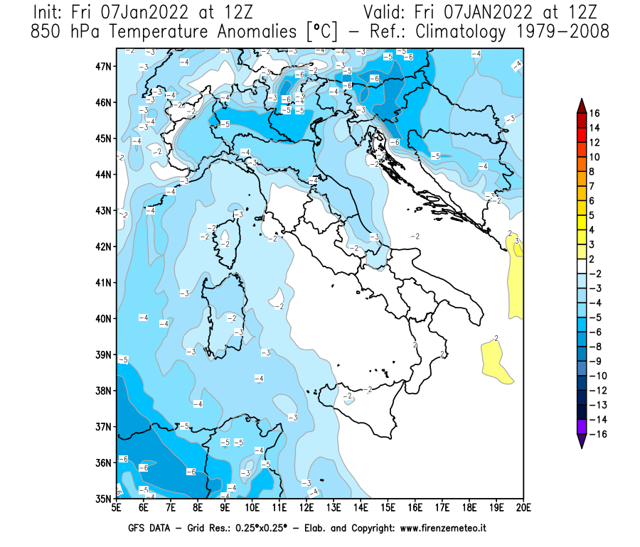 Mappa di analisi GFS - Anomalia Temperatura [°C] a 850 hPa in Italia
							del 07/01/2022 12 <!--googleoff: index-->UTC<!--googleon: index-->