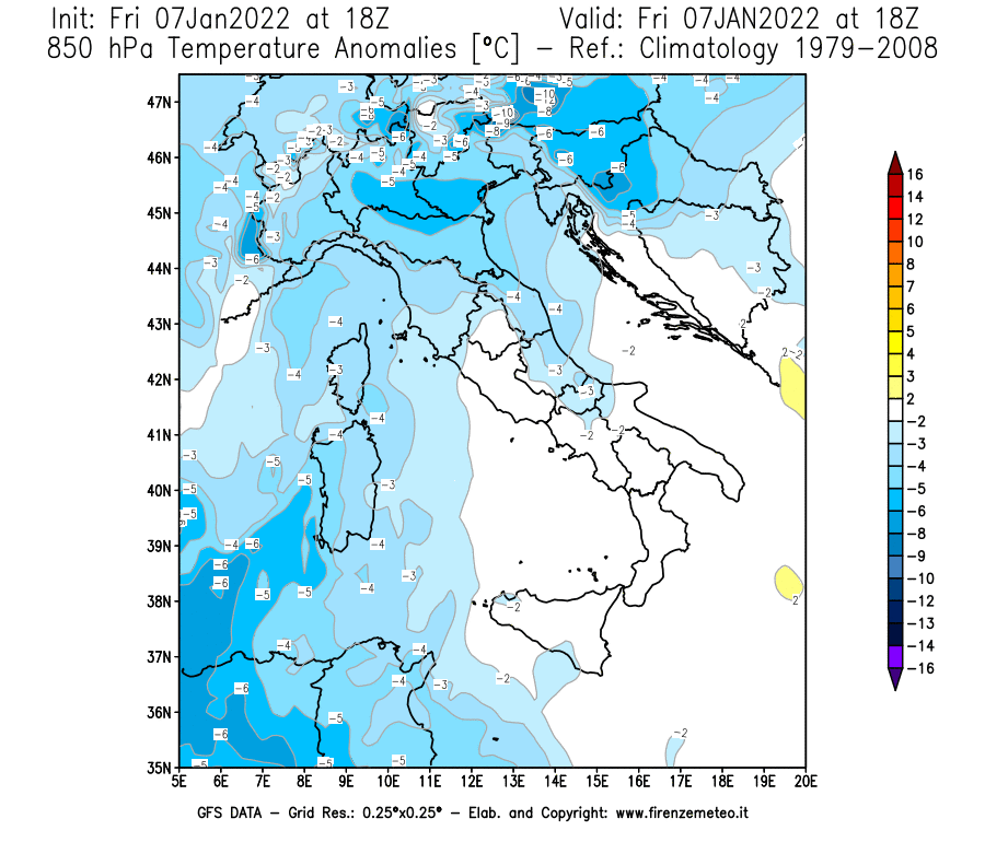 Mappa di analisi GFS - Anomalia Temperatura [°C] a 850 hPa in Italia
							del 07/01/2022 18 <!--googleoff: index-->UTC<!--googleon: index-->