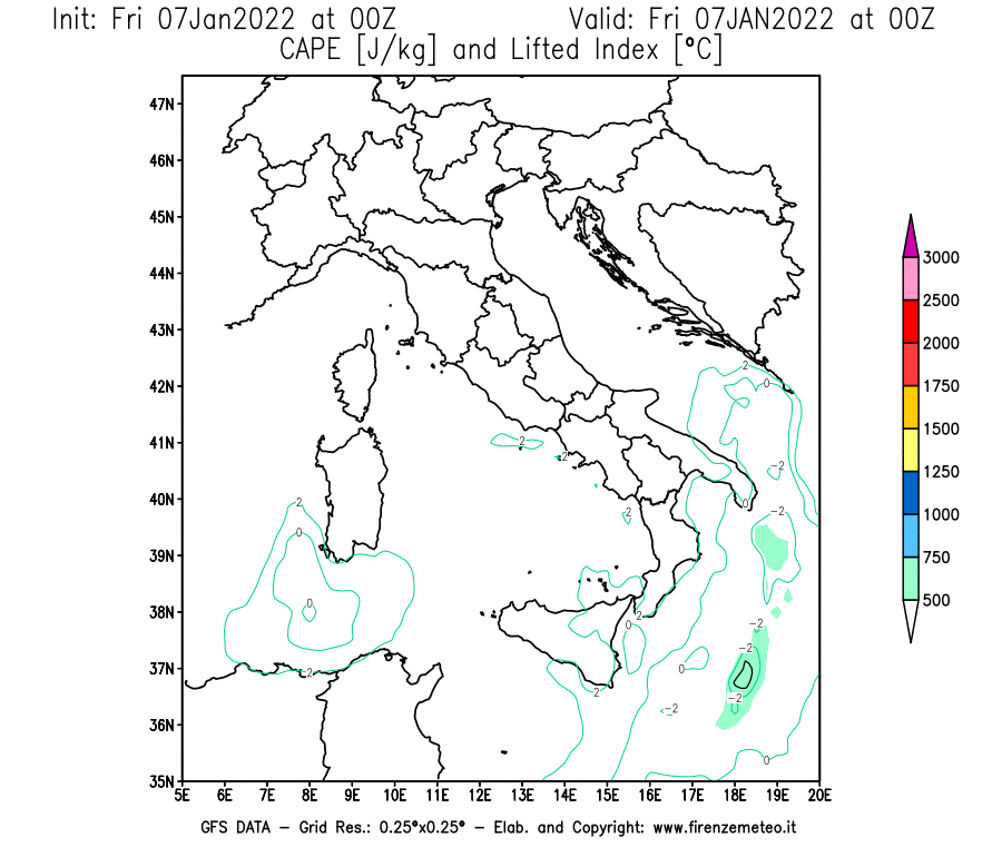 Mappa di analisi GFS - CAPE [J/kg] e Lifted Index [°C] in Italia
							del 07/01/2022 00 <!--googleoff: index-->UTC<!--googleon: index-->