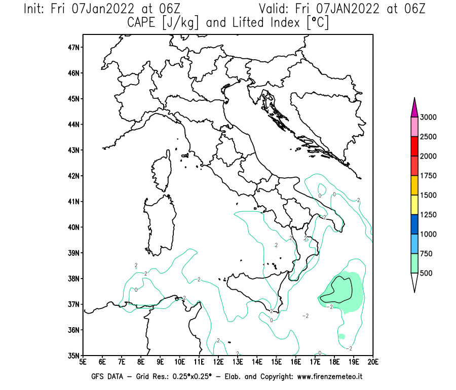Mappa di analisi GFS - CAPE [J/kg] e Lifted Index [°C] in Italia
							del 07/01/2022 06 <!--googleoff: index-->UTC<!--googleon: index-->