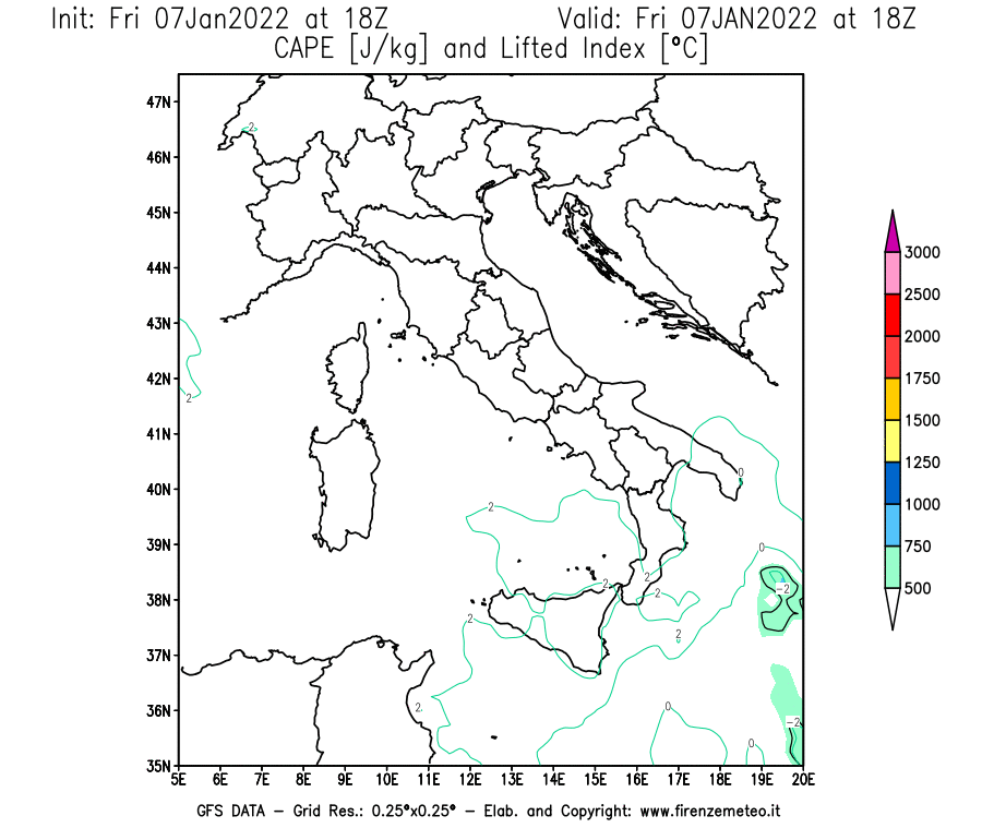 Mappa di analisi GFS - CAPE [J/kg] e Lifted Index [°C] in Italia
							del 07/01/2022 18 <!--googleoff: index-->UTC<!--googleon: index-->