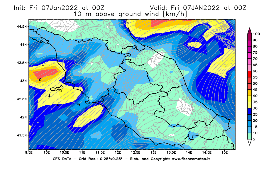 Mappa di analisi GFS - Velocità del vento a 10 metri dal suolo [km/h] in Centro-Italia
							del 07/01/2022 00 <!--googleoff: index-->UTC<!--googleon: index-->