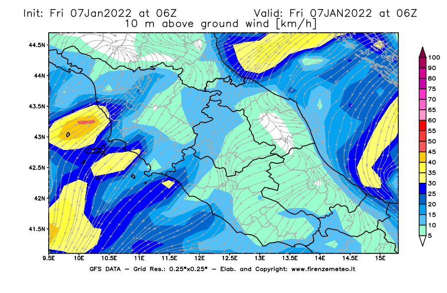 Mappa di analisi GFS - Velocità del vento a 10 metri dal suolo [km/h] in Centro-Italia
							del 07/01/2022 06 <!--googleoff: index-->UTC<!--googleon: index-->