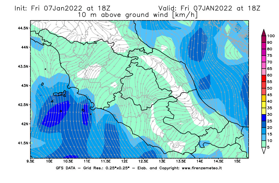 Mappa di analisi GFS - Velocità del vento a 10 metri dal suolo [km/h] in Centro-Italia
							del 07/01/2022 18 <!--googleoff: index-->UTC<!--googleon: index-->