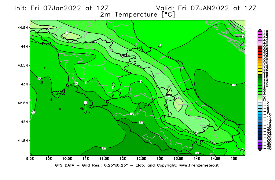 Mappa di analisi GFS - Temperatura a 2 metri dal suolo [°C] in Centro-Italia
							del 07/01/2022 12 <!--googleoff: index-->UTC<!--googleon: index-->