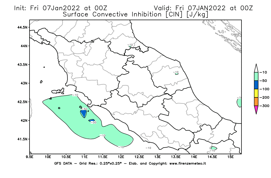 Mappa di analisi GFS - CIN [J/kg] in Centro-Italia
							del 07/01/2022 00 <!--googleoff: index-->UTC<!--googleon: index-->