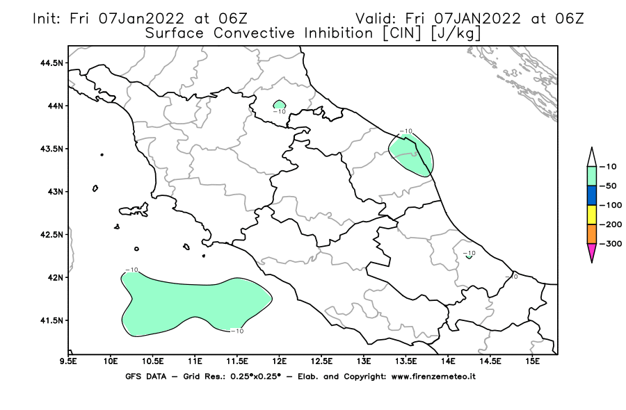 Mappa di analisi GFS - CIN [J/kg] in Centro-Italia
							del 07/01/2022 06 <!--googleoff: index-->UTC<!--googleon: index-->