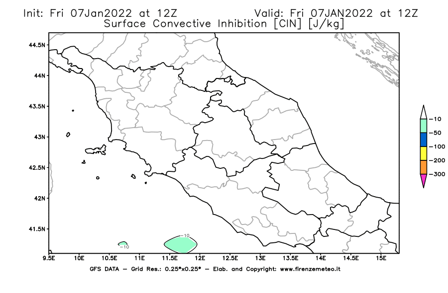 Mappa di analisi GFS - CIN [J/kg] in Centro-Italia
							del 07/01/2022 12 <!--googleoff: index-->UTC<!--googleon: index-->