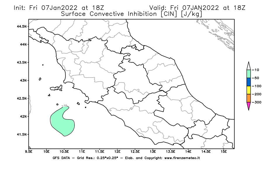 Mappa di analisi GFS - CIN [J/kg] in Centro-Italia
							del 07/01/2022 18 <!--googleoff: index-->UTC<!--googleon: index-->