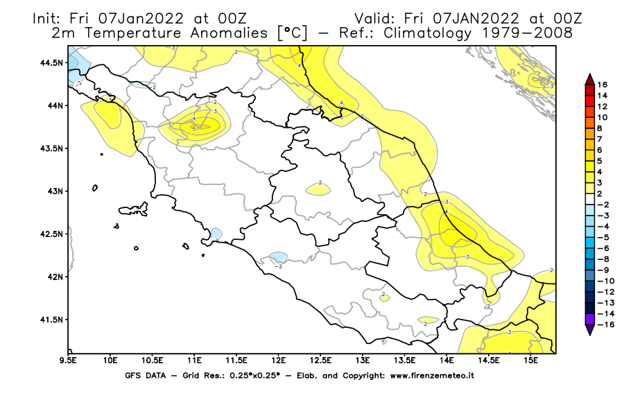 Mappa di analisi GFS - Anomalia Temperatura [°C] a 2 m in Centro-Italia
							del 07/01/2022 00 <!--googleoff: index-->UTC<!--googleon: index-->