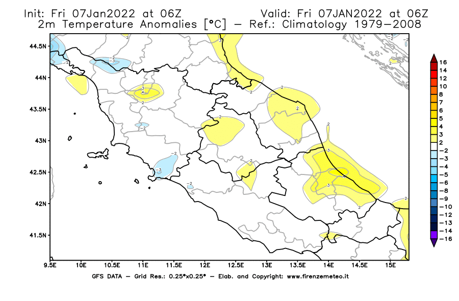 Mappa di analisi GFS - Anomalia Temperatura [°C] a 2 m in Centro-Italia
							del 07/01/2022 06 <!--googleoff: index-->UTC<!--googleon: index-->