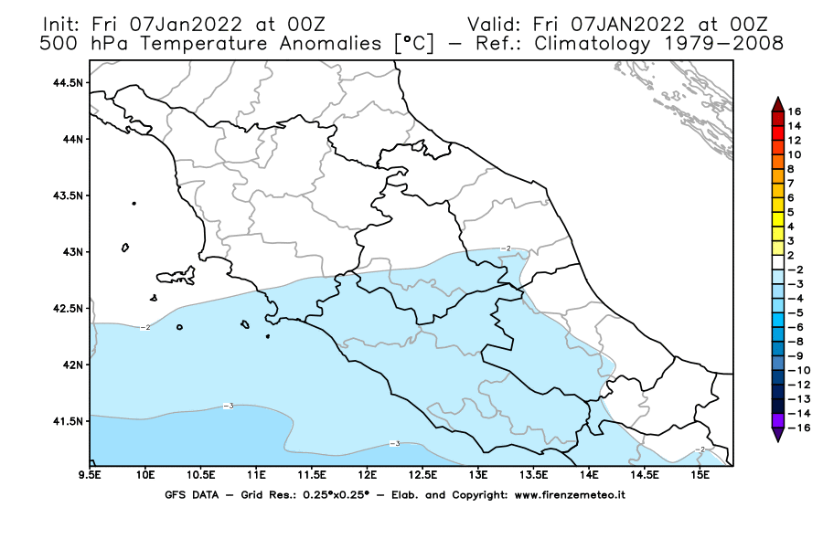 Mappa di analisi GFS - Anomalia Temperatura [°C] a 500 hPa in Centro-Italia
							del 07/01/2022 00 <!--googleoff: index-->UTC<!--googleon: index-->