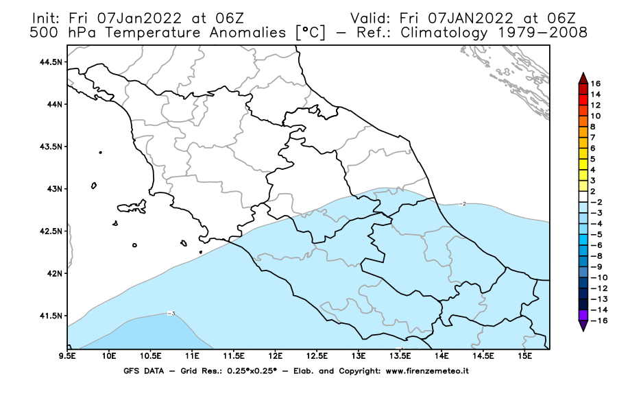 Mappa di analisi GFS - Anomalia Temperatura [°C] a 500 hPa in Centro-Italia
							del 07/01/2022 06 <!--googleoff: index-->UTC<!--googleon: index-->
