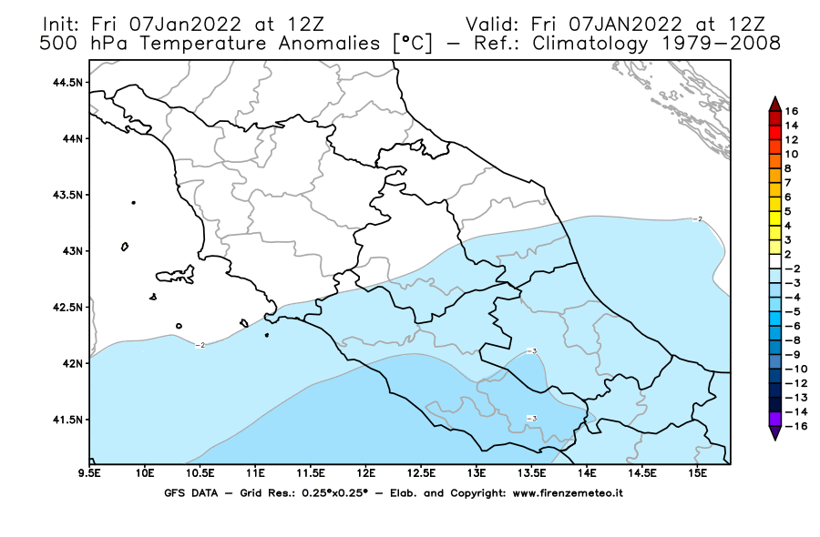 Mappa di analisi GFS - Anomalia Temperatura [°C] a 500 hPa in Centro-Italia
							del 07/01/2022 12 <!--googleoff: index-->UTC<!--googleon: index-->