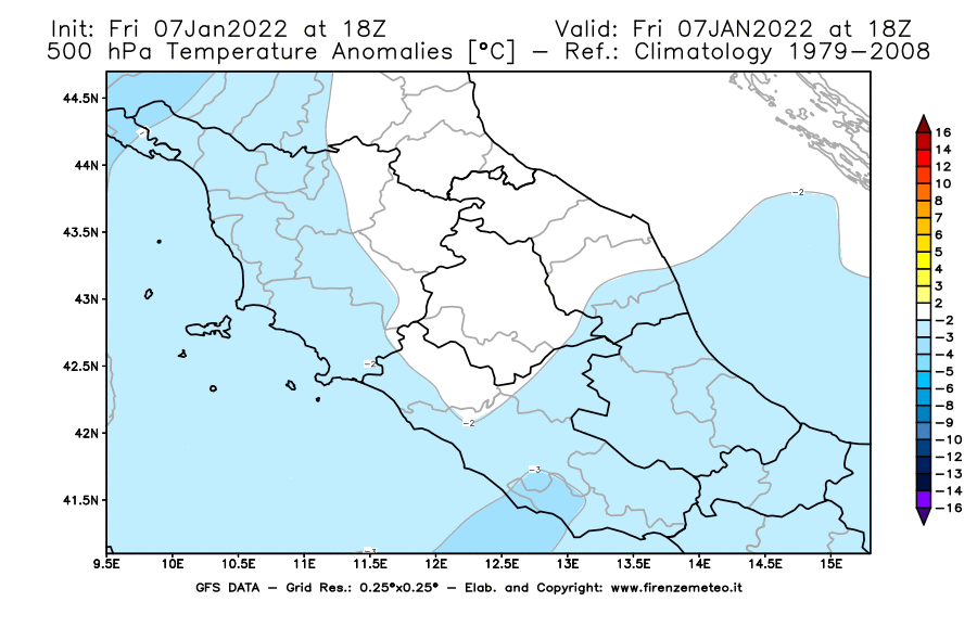 Mappa di analisi GFS - Anomalia Temperatura [°C] a 500 hPa in Centro-Italia
							del 07/01/2022 18 <!--googleoff: index-->UTC<!--googleon: index-->