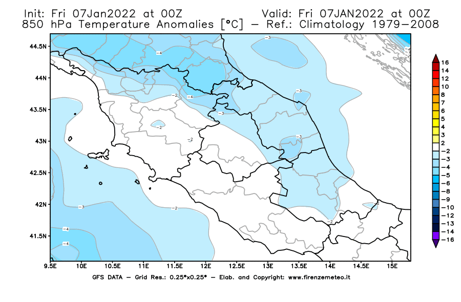 Mappa di analisi GFS - Anomalia Temperatura [°C] a 850 hPa in Centro-Italia
							del 07/01/2022 00 <!--googleoff: index-->UTC<!--googleon: index-->
