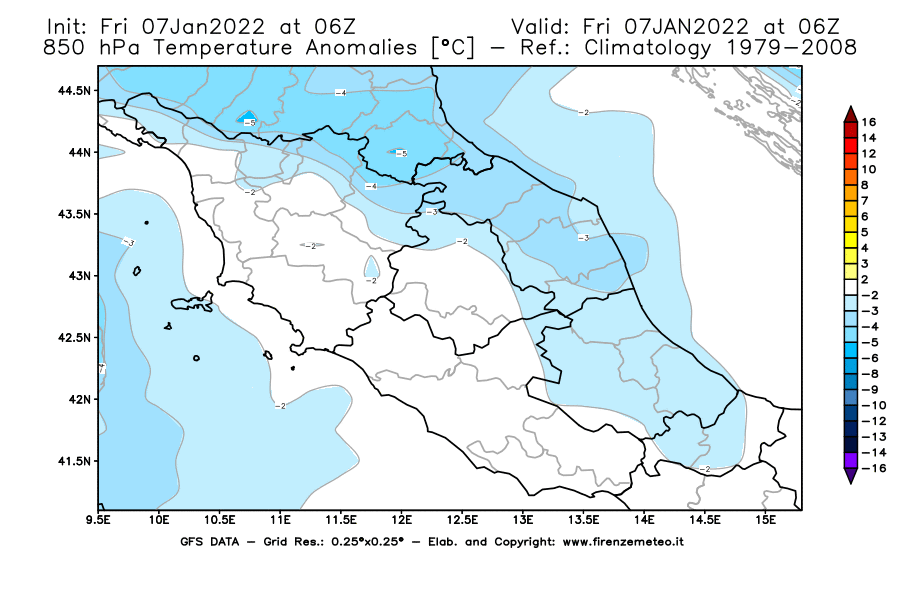 Mappa di analisi GFS - Anomalia Temperatura [°C] a 850 hPa in Centro-Italia
							del 07/01/2022 06 <!--googleoff: index-->UTC<!--googleon: index-->