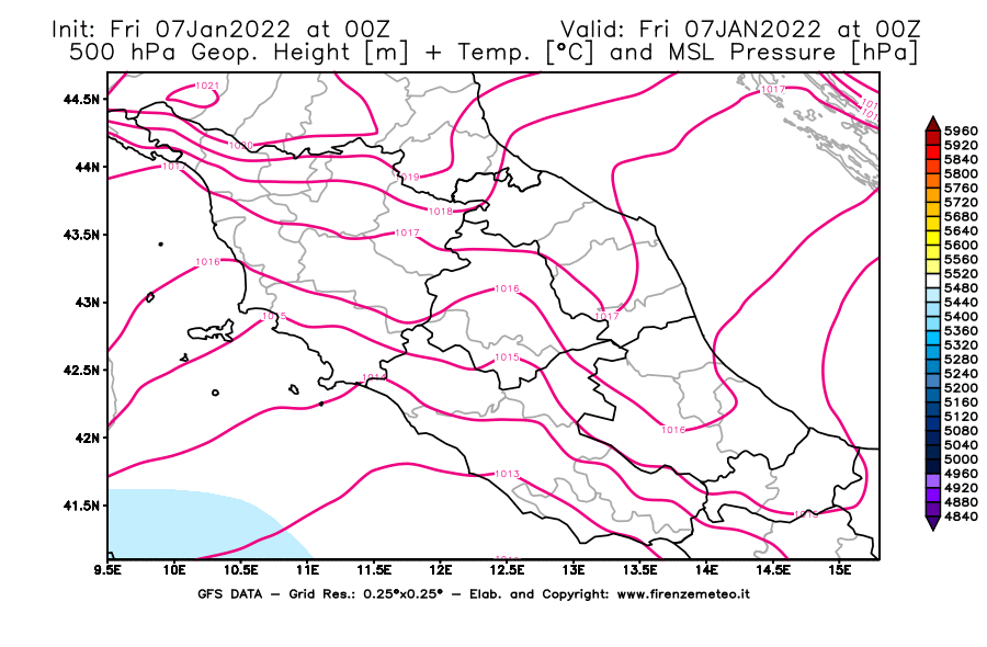 Mappa di analisi GFS - Geopotenziale [m] + Temp. [°C] a 500 hPa + Press. a livello del mare [hPa] in Centro-Italia
							del 07/01/2022 00 <!--googleoff: index-->UTC<!--googleon: index-->