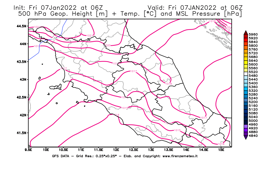 Mappa di analisi GFS - Geopotenziale [m] + Temp. [°C] a 500 hPa + Press. a livello del mare [hPa] in Centro-Italia
							del 07/01/2022 06 <!--googleoff: index-->UTC<!--googleon: index-->