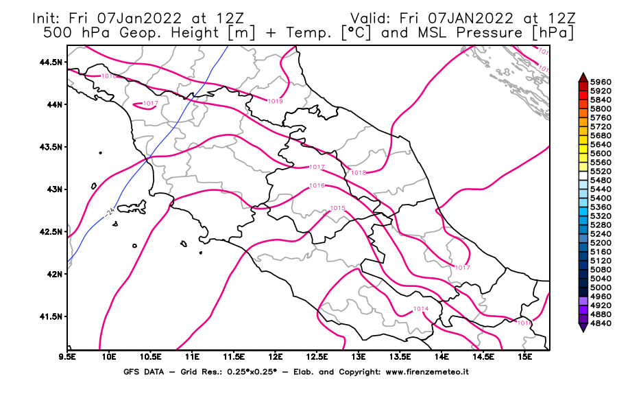 Mappa di analisi GFS - Geopotenziale [m] + Temp. [°C] a 500 hPa + Press. a livello del mare [hPa] in Centro-Italia
							del 07/01/2022 12 <!--googleoff: index-->UTC<!--googleon: index-->