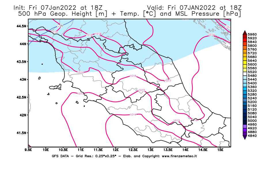 Mappa di analisi GFS - Geopotenziale [m] + Temp. [°C] a 500 hPa + Press. a livello del mare [hPa] in Centro-Italia
							del 07/01/2022 18 <!--googleoff: index-->UTC<!--googleon: index-->