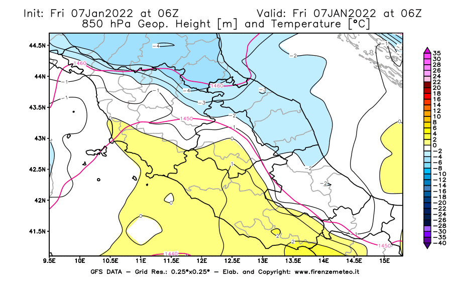 Mappa di analisi GFS - Geopotenziale [m] e Temperatura [°C] a 850 hPa in Centro-Italia
							del 07/01/2022 06 <!--googleoff: index-->UTC<!--googleon: index-->