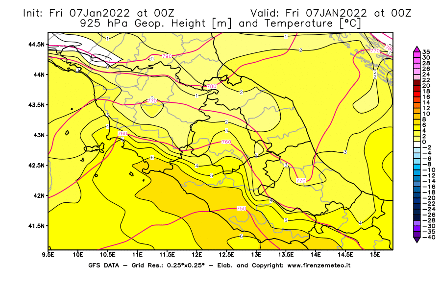 Mappa di analisi GFS - Geopotenziale [m] e Temperatura [°C] a 925 hPa in Centro-Italia
							del 07/01/2022 00 <!--googleoff: index-->UTC<!--googleon: index-->