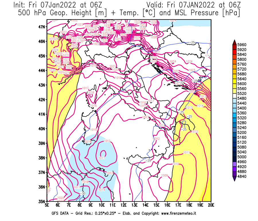 Mappa di analisi GFS - Geopotenziale [m] + Temp. [°C] a 500 hPa + Press. a livello del mare [hPa] in Italia
							del 07/01/2022 06 <!--googleoff: index-->UTC<!--googleon: index-->