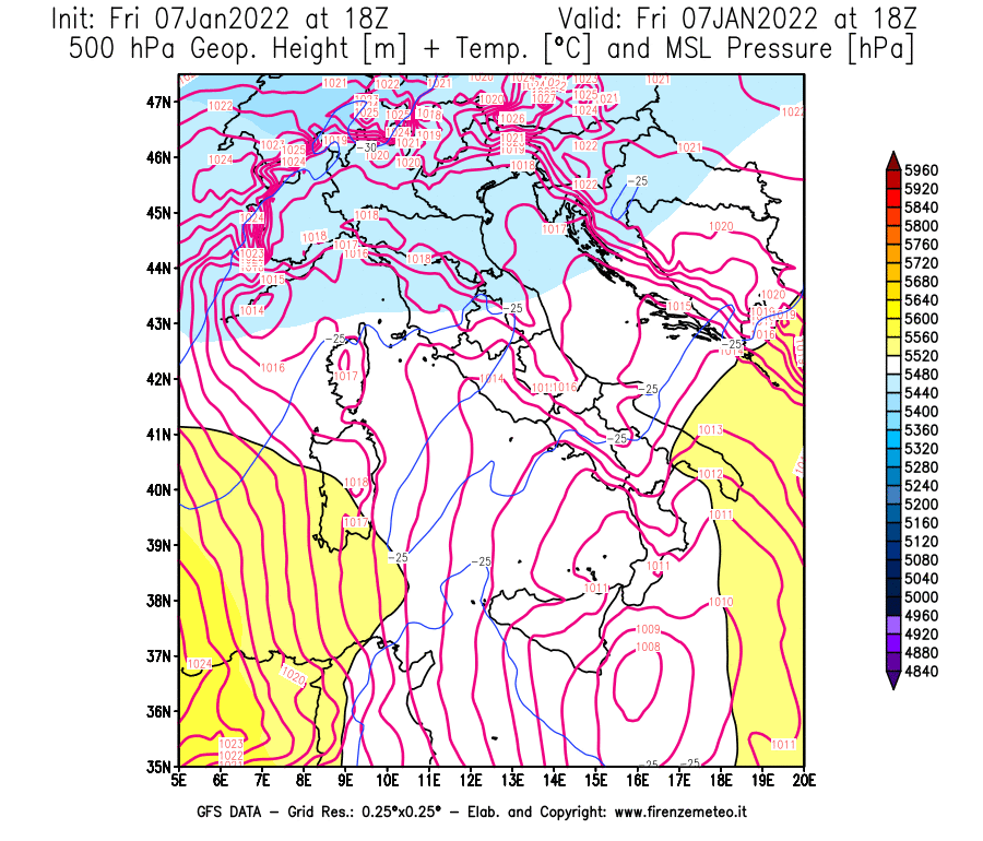 Mappa di analisi GFS - Geopotenziale [m] + Temp. [°C] a 500 hPa + Press. a livello del mare [hPa] in Italia
							del 07/01/2022 18 <!--googleoff: index-->UTC<!--googleon: index-->