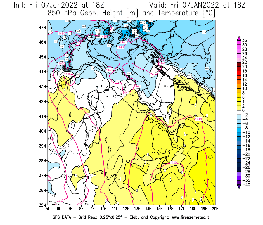 Mappa di analisi GFS - Geopotenziale [m] e Temperatura [°C] a 850 hPa in Italia
							del 07/01/2022 18 <!--googleoff: index-->UTC<!--googleon: index-->