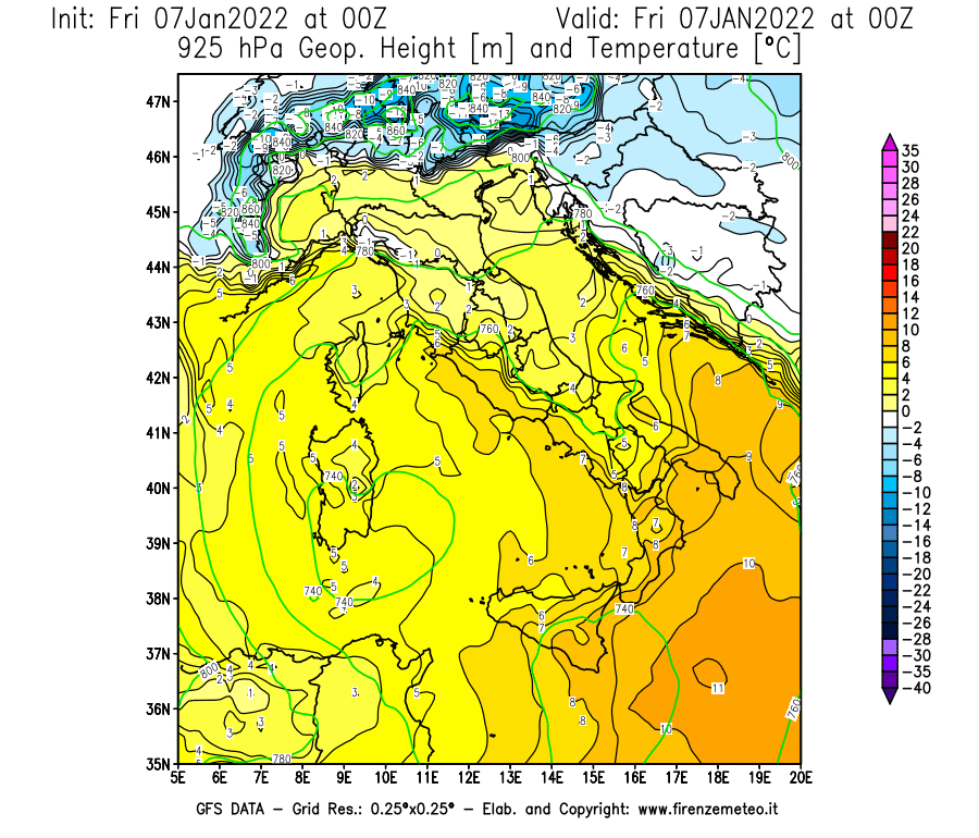 Mappa di analisi GFS - Geopotenziale [m] e Temperatura [°C] a 925 hPa in Italia
							del 07/01/2022 00 <!--googleoff: index-->UTC<!--googleon: index-->