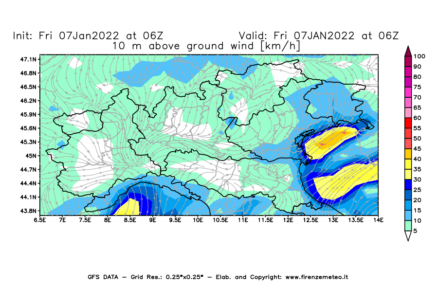 Mappa di analisi GFS - Velocità del vento a 10 metri dal suolo [km/h] in Nord-Italia
							del 07/01/2022 06 <!--googleoff: index-->UTC<!--googleon: index-->