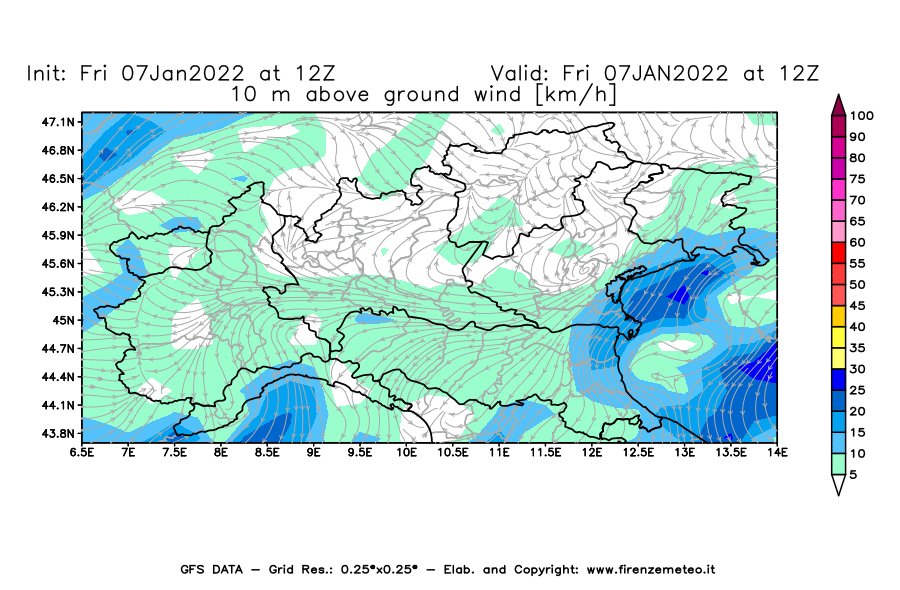 Mappa di analisi GFS - Velocità del vento a 10 metri dal suolo [km/h] in Nord-Italia
							del 07/01/2022 12 <!--googleoff: index-->UTC<!--googleon: index-->