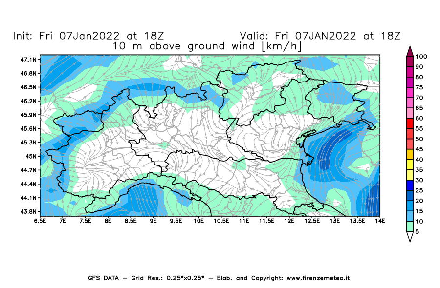Mappa di analisi GFS - Velocità del vento a 10 metri dal suolo [km/h] in Nord-Italia
							del 07/01/2022 18 <!--googleoff: index-->UTC<!--googleon: index-->